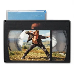 blank vhs cassette in sleeve, by peter mohrbacher, james jean, wlop, greg rutkowski, detailed - face!!!, rule of thirds, dynamic pose, action pose, beautiful landscape