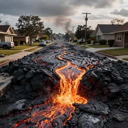 molten lava flowing down a suburban street in America. Photo by Annie Liebowitz
