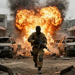 a masked soldier running toward the camera with a rifle with a massive fiery explosion behind him with debris and damaged vehicles and buildings everywhere , cinematic framing, cinematic lighting, hdr, gritty, movie still, 4k,  in the style of the movie lone survivor
