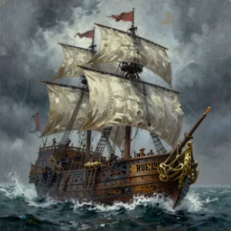 a pirate ship in a thunderstorm, fantasy style, super high detail, super high quality, talented artist, tranding on artstation, oil painting