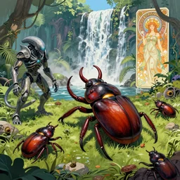 attack of giant beetles with few element of alien cyberpunk armor in a fantastic alien jungle forest, huge waterfall in the background, by moebius!!!!!, alphonse mucha, ayami kojima, amano!!!, greg hildebrandt, and mark brooks, art nouveau, cyberpunk, neo - gothic!!