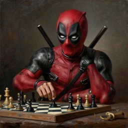deadpool playing chess looking wise, rococo oil painting, highly detailed