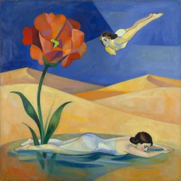 woman swims past a flower blooming in the desert, abstract surrealistic art in the style of cubism and georgia o keefe