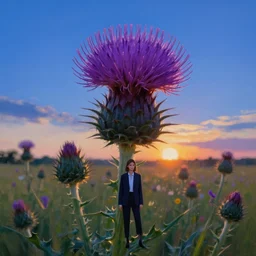 large thistle flower head, a girl in suit in field of flowers, surreal photography, sunrise, blue sky, dramatic light, impressionist painting, digital painting, artstation, simon stalenhag