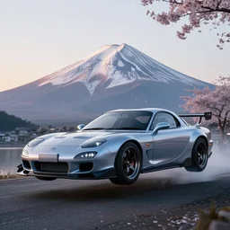a jdm mazda rx 7 2 0 8 9 futuristic version, cyber punk look hovering by mount fuji early in the morning with a few blossom trees around, high quality photo