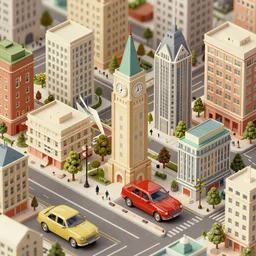 highly detailed isometric illustration of a city scape in the style of Wes Anderson, hyperrealistic, photorealistic, artstyle, highly detailed, sharp
