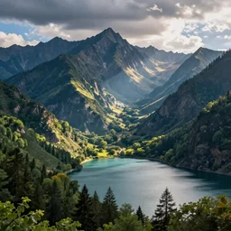mountains, trees, and lake, in the style of looney tunes