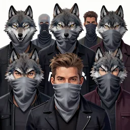 6 member from wolf gangs wear gray bandana, other people use wolf mask. pop art, pixel, bioshock style, gta chinatown wars style, dynamic proportional & composition, face & body features, d & d, ultra realistic art, digital painting, concept art, smooth, sharp focus, illustration, intricate, without duplication, elegant. art by artgerm and richard hamilton
