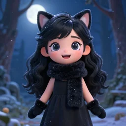 render of a very cute joyful 3d anime girl, wearing fluffy black scarf, long dress, mittens, black long curly hair, watery eyes, cat ears, in the magical forest, moonlight snowing, medium shot, mid-shot, highly detailed, trending on Artstation, Unreal Engine 4k