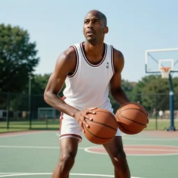 larry bird holding a basketball on an outdoor basketball court