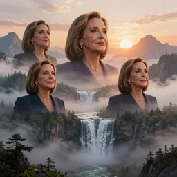 cascade of multiple gigantic nancy pelosi, epic mountains in the background, sunrise, fantasy illustration, matte painting, concept art, low angle shot, volumetric lighting, volumetric atmosphere, morning mist, art by james gurney, unreal engine 5, 8 k