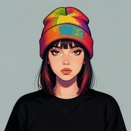 digital art, portrait, girl wearing a colorful beanie and black t - shirt, centered, trending on artstation, gorillaz ( band ), art by jamie hewlett, 4 k