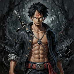 a painting of luffy one piece character, an ultrafine detailed painting by seb mckinnon, featured on cgsociety, gothic art, darksynth, dark and mysterious, ominous vibe