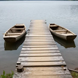 primitive wooden dock on a lake coast with primitive rowboats docked at it, bushcraft, made of logs
