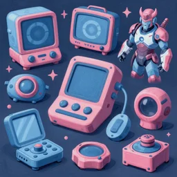 game asset of electronic gadget items device junkyard, in gouache detailed paintings, props, stylized, 2 d sprites, kitbash, arcane, overwatch, blue and pink color scheme, 8 k, close up