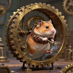 a steampunk hamster engineer running inside a hamster wheel that looks like a cog connected to other cogs, highly detailed, photorealistic, artgerm, wlop, moebius, sharp focus, hd, 8 k, intricate