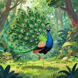 a beautiful digital colorful illustration of a peacock dancing in jungle by studio ghibli, makoto shinkai and thomas kinkade
