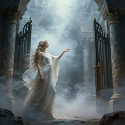 orpheus reaching out toward euridyce, outside the gates of hades, mystical, ethereal smoke