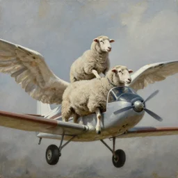 sheep riding on a small aircraft with wings, oil on canvas, cinematic lighting, high detail