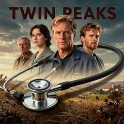 Twin Peaks poster artwork by Michael Whelan and Tomer Hanuka, Karol Bak, Rendering of  Dr. George Cloone stethoscope, from scene from Twin Peaks, clean, full of details, by Makoto Shinkai and thomas kinkade, Matte painting, trending on artstation and unreal engine