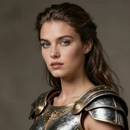 close - up colo portrait of beautiful model dressed gladiator with metallic armor, art helmut newton