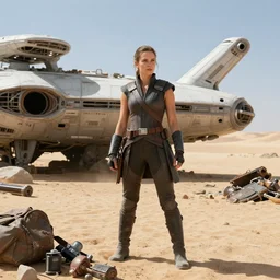 kate beckinsale as rey search for valuables on abandoned spaceship, desert, photography by fred palacio medium full shot still from star wars, sci fi, highly detailed intricate matte sharp focus, canon eos r 3, f / 3, iso 2 0 0, 1 / 1 6 0 s, 8 k, raw, unedited