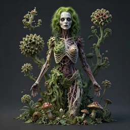 a beautiful detailed photo of a full body rotten woman corpse morphing into fractal plants and fractal flowers and mushrooms, face muscles, veins, anatomical, intricate, ornate, volumetric light, beautiful lit, beetlejuice