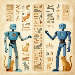 maya hieroglyphs with robots and cats, colored