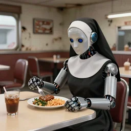 of a robot having lunch with a nun inside a dilapidated American diner. detailed digital art