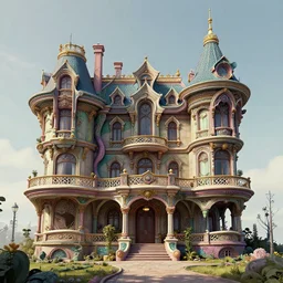fantasy wavy futuristic victorian atompunk mansion, surreal, detailed, sharp details, architectural accents, colourful paint