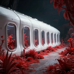 epic professional digital art of red lush alien vegetation outside the windows of a large white cargo bay in a darkened spaceship, with upright glass sleeping pods lining wall, 4 k, cinematic, detailed, best artstation, cgsociety, epic, stunning, gorgeous, wow wow detail