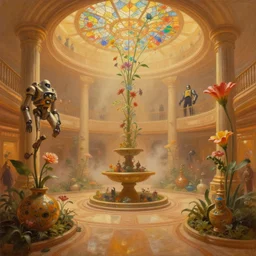a minimalist oil painting by donato giancola, warm coloured, cinematic scifi luxurious futuristic foggy steam filled victorian garden circular shopping mall interior with microscopy stained glass flowers growing out of pretty bulbous ceramic fountains, gigantic pillars and flowers, maschinen krieger, beeple, star trek, star wars, ilm, star citizen, mass effect, artstation, atmospheric perspective