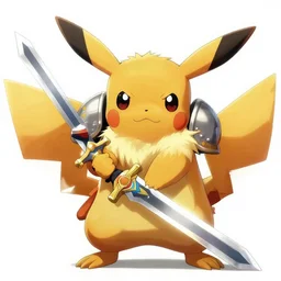 wild hairy giant picachu wearing armor and holding a silver sword