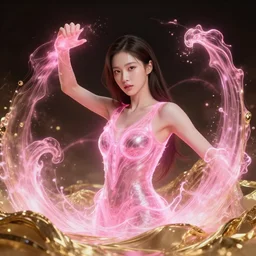 lee jin - eun with powerful celestial powers emerging from pink bioluminescent wave in gold cyberpunk theme by greg rutkowski, claude monet, conrad roset, takato yomamoto, james jean, rule of thirds, seductive look, beautiful