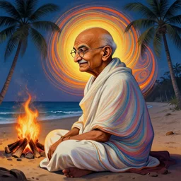 side profile centred painted portrait, gandhi at the beach sitting on the sand next to a campfire with palm trees in the back, gloom haven, matte painting concept art, art nouveau, beautifully backlit, swirly vibrant color lines, fantastically gaudy, aesthetic octane render, 8 k hd resolution, hyper realistic, focused, extreme details, masterpiece
