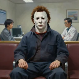 dynamic painting portrait of Michael Myers sitting in the waiting room of an optometrist, sharp focus, trending on ArtStation, masterpiece, by Greg Rutkowski, by Ross Tran, by Fenghua Zhong, octane, soft render, oil on canvas, moody lighting, high contrast, cinematic, professional environment concept art