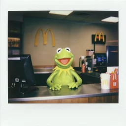 kermit the frog working the front counter of mcdonald's ready to take your order, eighties polaroid, flash photography, photorealistic, kodachrome, wide angle
