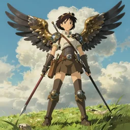 girl with a steampunk uniform and weapons and metal wings, serious, extremely detailed, made by wlop and studio ghibli, cinematic lighting, full body portrait, illustration, grass, sunny, clouds, sky, anime,