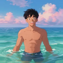 portrait of ( ( hermoso joven dotado latino macho alegre sin camisa ) ), nadando en el mar, una playa lleno de nubes y magia y amor, concept character, by greg rutowski and tezuka and oi and mucha and bierstadt and remington, trending on artstation