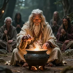 a centered render of a wise and mystical tribal shaman brewing a cauldron that summons the souls of ancestors past, cinematic, beautifully lit, by brian froud, by karol bak, by donato giancola, 3 d, trending on artstation, octane render, 8 k