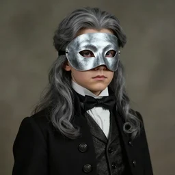 portrait painting of a 3 0 years old male, wearing a silver melt mask, long grey hair, gentleman's dress, unreal render cinematic lighting art 1 9 2 0 period drama by bussiere rutkowski andreas rocha