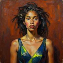 detailed portrait in daring femininity, ethnic, realistic face sculpted features, statuesque pilot, bold striking one piece dress, tousled hair, warm cast, bathed in light, filmic, chiaroscuro, bas relief, fluorescent accents, specular highlights, angular impressionism, radiant, deep rich tones, contemporary art, oil on canvas
