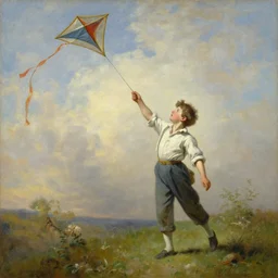 a boy flying a kite over his head by james gilleard, by ian mcque, by paul thurlby, trending on artstation, rococo color scheme, oil on canvas, hd, sharp, detailed