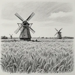charcoal pencil drawing of a wheat field scattered with old - fashioned windmills