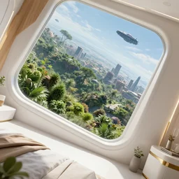 angled tilted closeup to a corner in a futuristic confy white bedroom, with wood and gold details and a huge futuristic glass window overlooking a lush alien planet, vegetation spread across parts metropolis outside, environmental lighting, sunny weather and alien skies, ray tracing, amazing view, highly detailed, a black ship in the sky, octane render, unreal engine 5, 4 k