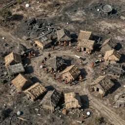 A village of tribespeople that have constructed huts on a meteor crash site, aerial view, concept art, detailed