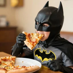 kid batman biting pizza