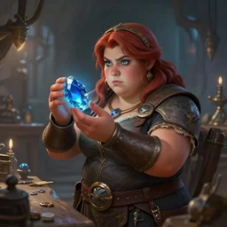 a chubby and short stocky female dwarven artificer in her workshop in the dwarven kingdom, she is inspecting a blue gemstone | dungeons and dragons | Larry emore, jeff easley | hyperdetailed | 8k | fantasy art |