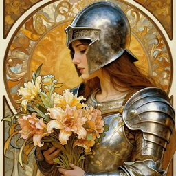 closeup portrait of a beautiful mysterious woman warrior wearing an armour costume and helmet, holding a bouquet of flowing flowers from below, hands disappeared under the bouquet of flowers, profile view, fantasy, regal, intricate, by stanley artgerm lau, greg rutkowski, thomas kinkade, alphonse mucha, loish, norman rockwell