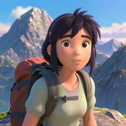 a disney | 3 d | film animation still portrait of a 1 9 5 0's adventurer hiker girl atop a big mountain, closeup, finely detailed features, water, sun, gapmoe yandere grimdark, trending on pixiv fanbox, painted by greg rutkowski makoto shinkai takashi takeuchi studio ghibli, pixar 3 d, renderman. octane